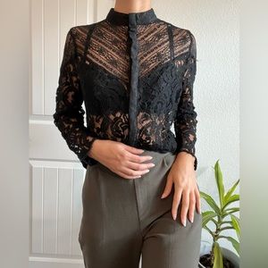 Worthington - Black Lace Band Collar Button-Up Long-Sleeve Blouse